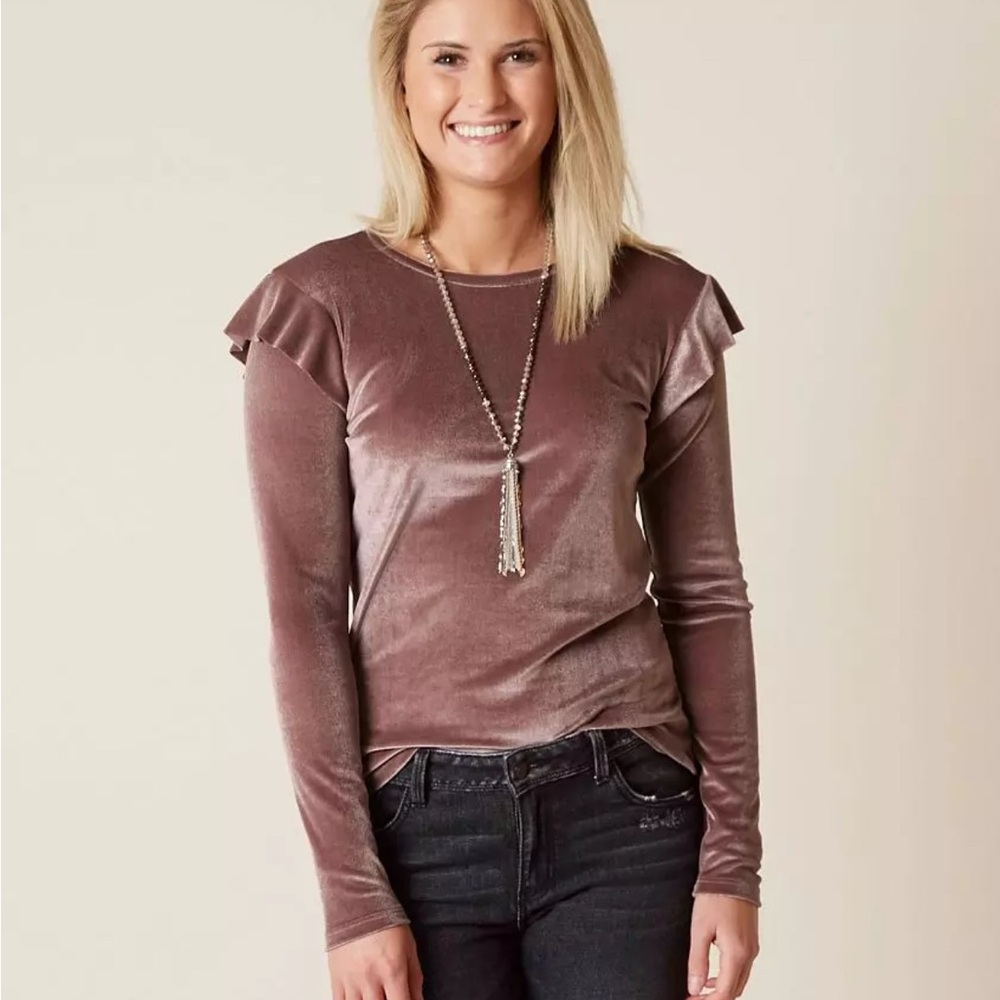 BKE Velvet Ruffle Sleeve‎ Blouse - Mauve